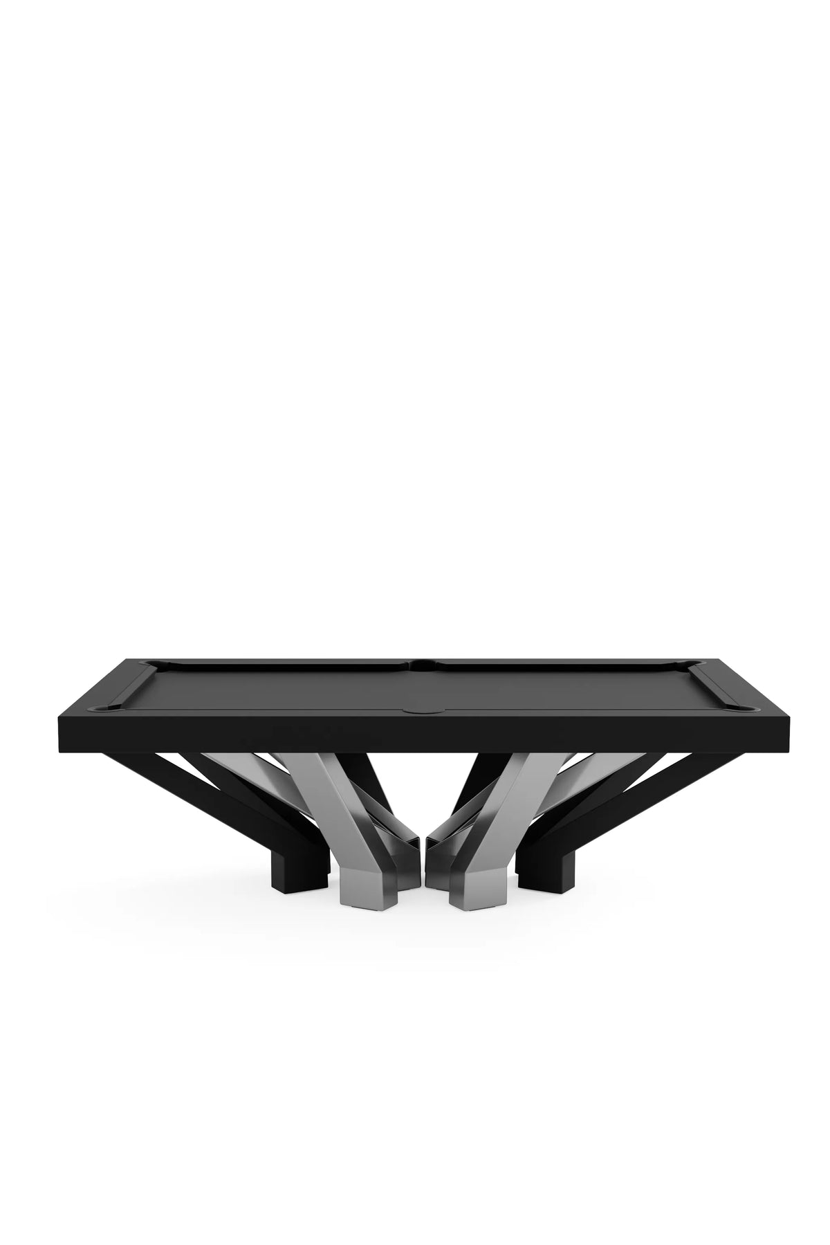 Arch 12 Pool Table, front view, twelve arch legs in stainless steel and black satin