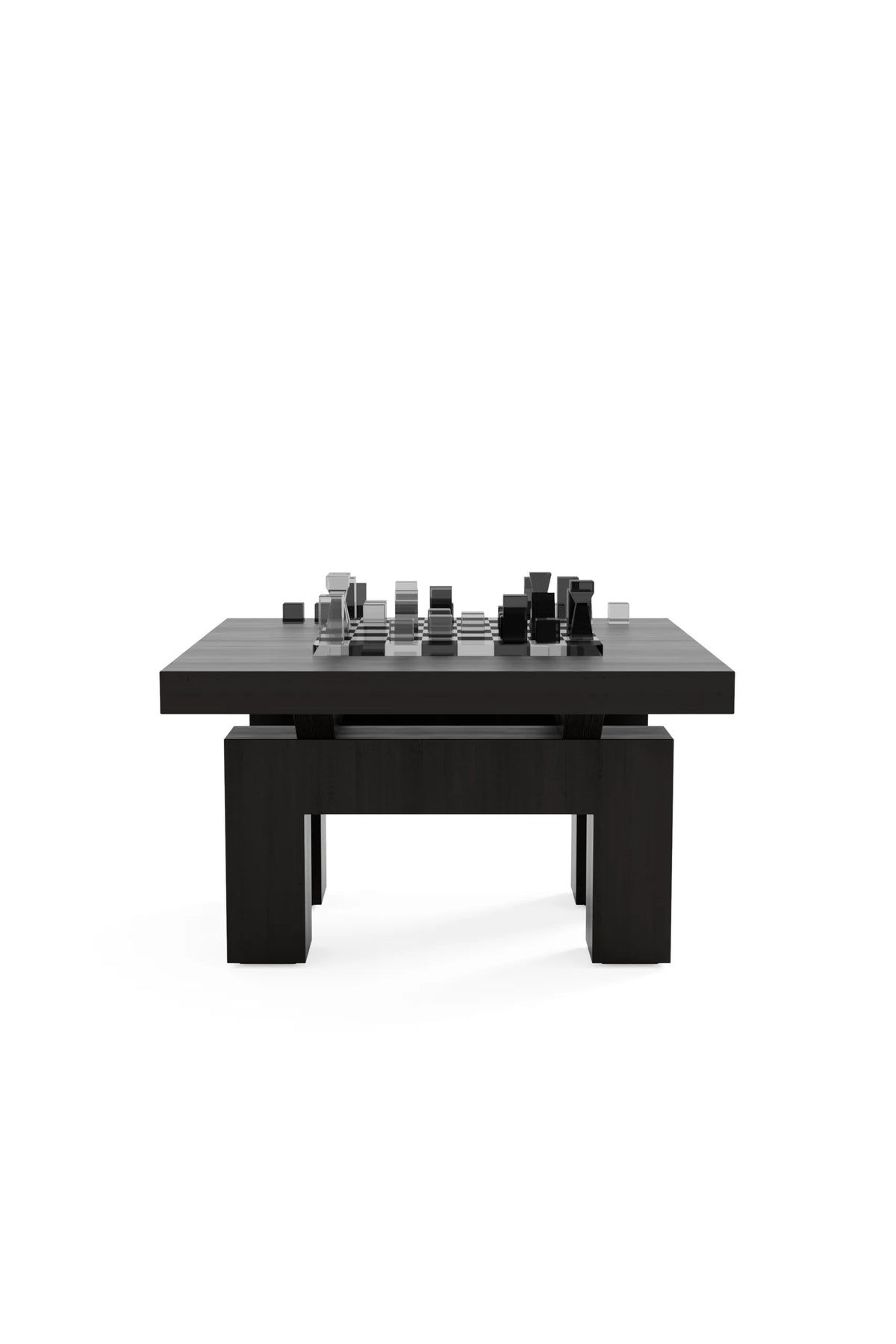 Chess & Coffee Table, detail view, shown with a chessboard and pieces (not included)
