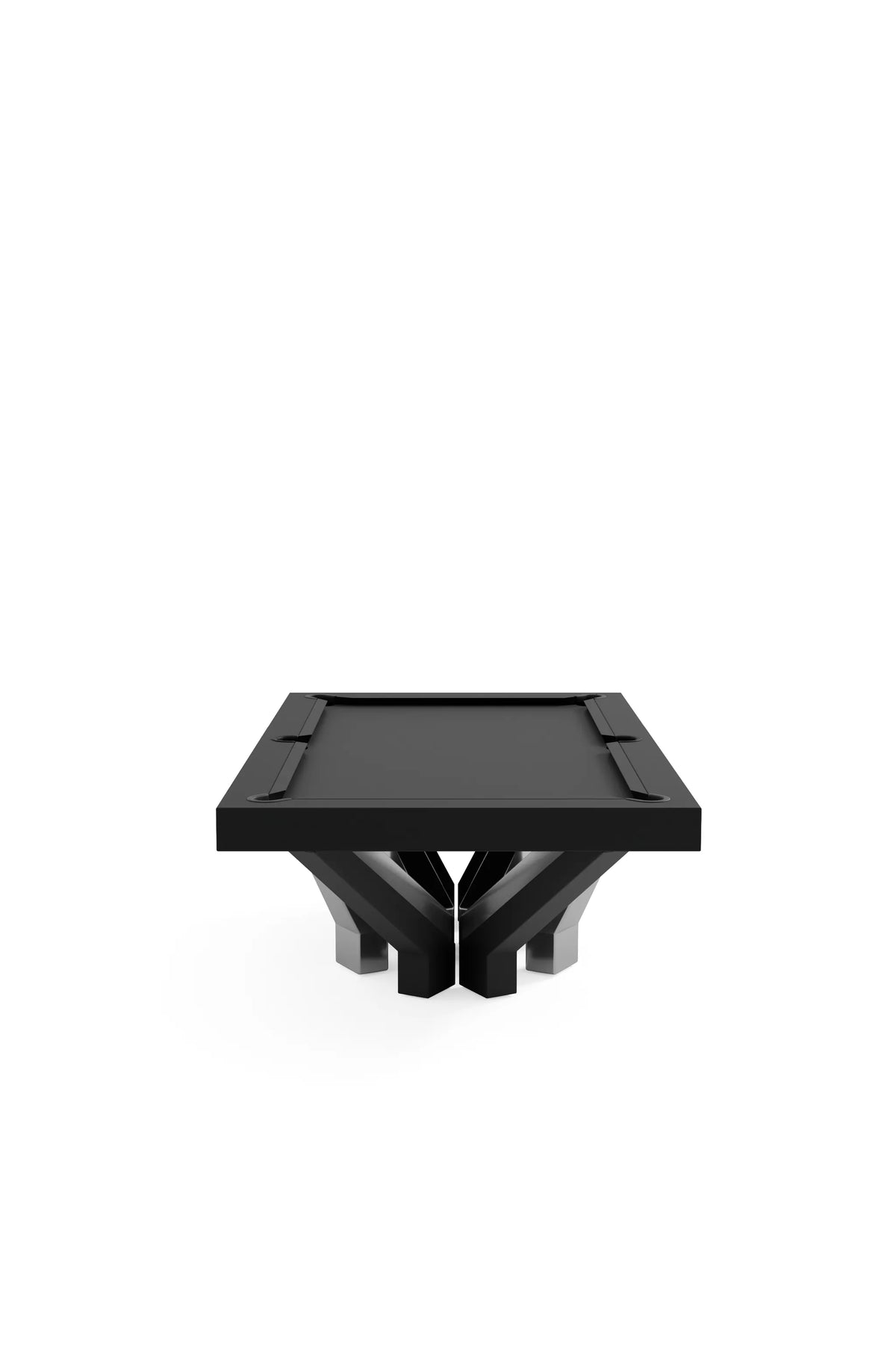 Arch 12 Pool Table, end view, twelve arch legs in stainless steel and black satin