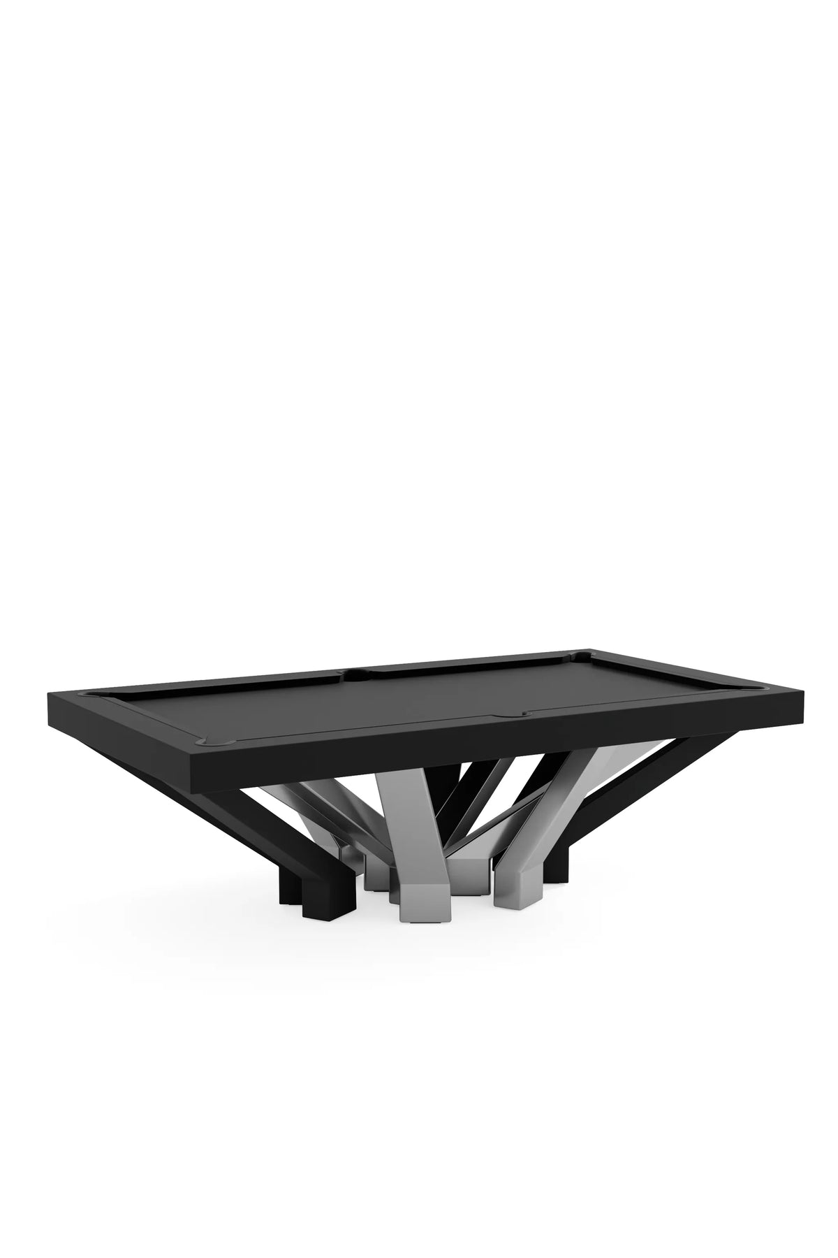 Arch 12 Pool Table, three-quarter view, twelve arch legs in stainless steel and black satin