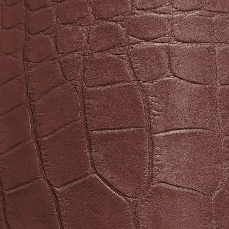 Chestnut crocodile-embossed cowhide leather swatch BC-205 – croc-print leather for Basilicca custom leather pool tables
