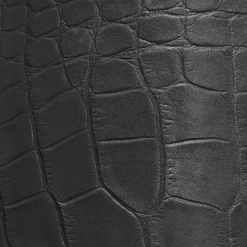 Charcoal crocodile-embossed cowhide leather swatch BC-208 – croc-print leather for Basilicca custom leather pool tables