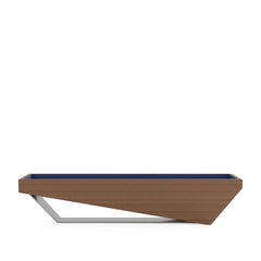 Osaka Shuffleboard, front view, chestnut stain on oak with a hand-brushed stainless steel support